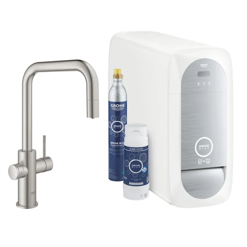 Újdonság Grohe Blue Home U-kifolyós kezdőkészlet S-es méretű filterrel, kihúzható fejjel, szín: SuperSteel (31543DC0)