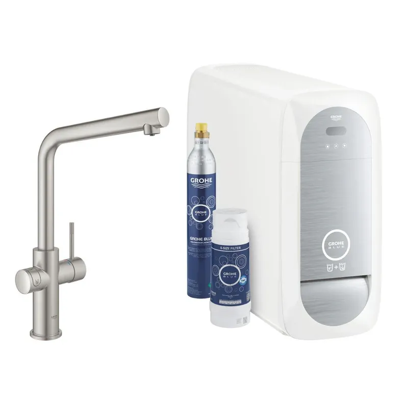 Olcsó Grohe Blue Home L-kifolyós kezdőkészlet S-es méretű filterrel, szín: SuperSteel (31454DC1)