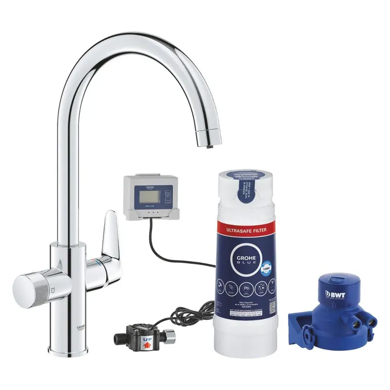 Biztonságos fizetés Grohe Blue Pure BauCurve C-kifolyós kezdőkészlet Ultrasafe szűrővel, króm (30582000)