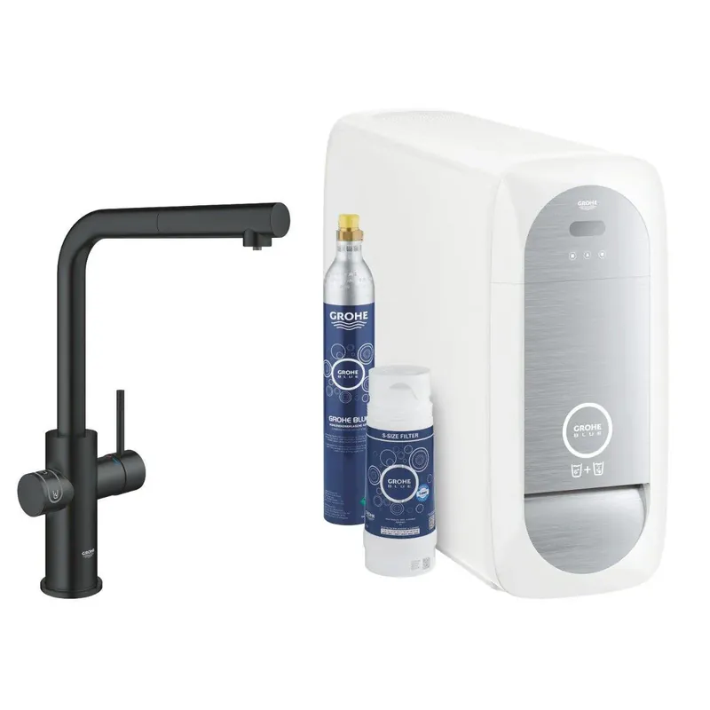 Prémium Grohe Blue Home L-kifolyós kezdőkészlet S-es méretű filterrel, kihúzható fejjel, bársony fekete (31539KS0)
