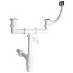 Kétmedencés mosogató búraszifon 6/4", túlfolyóval, 2 leeresztőszeleppel, mosógép csatlakozóval, Ø40 mm-es elfolyással Akciós ár