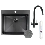 LAVEO MALAWI inox grafit színű beépíthető inox mosogató szifonnal, RIVECO vízszűrős szettel, 50x58x20 cm Outlet