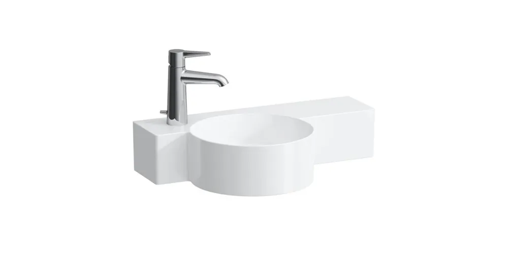 LAUFEN VAL Kézmosó, kör alakú, jobb oldali polccal, 430 mm-re vágható, túlfolyónyílás nélkül, 1 csaplyukkal bal oldalon, Fehér LCC bevonattal H8152834001131 Akciós ár