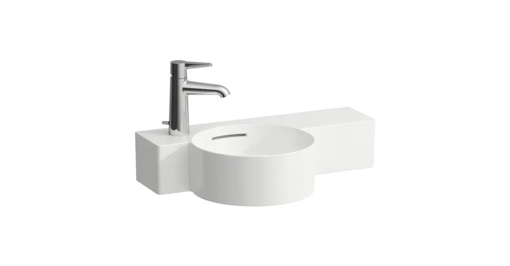 LAUFEN VAL Kézmosó, kör alakú, jobb oldali polccal, 430 mm-re vágható, 1 csaplyukkal bal oldalon, Fehér LCC Active bevonattal H815283A001051 Biztonságos vásárlás