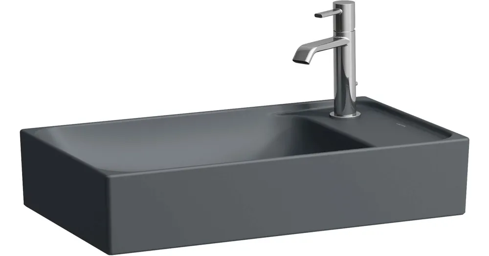 LAUFEN MEDA Kézmosó tál, aszimmetrikus, jobb/bal oldali armatúrapaddal túlfolyónyílás nélkül, 1 csaplyukkal jobb oldalon, Graphite matt H8121137581141 Legkelendőbb