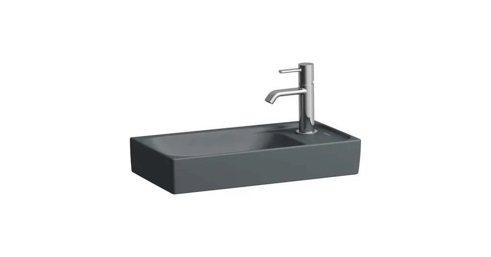 Árengedmény LAUFEN MEDA Kézmosó, aszimmetrikus, jobb oldali armatúrapaddal, túlfolyónyílás nélkül, 1 csaplyukkal jobb oldalon, Graphite matt H8151137581141