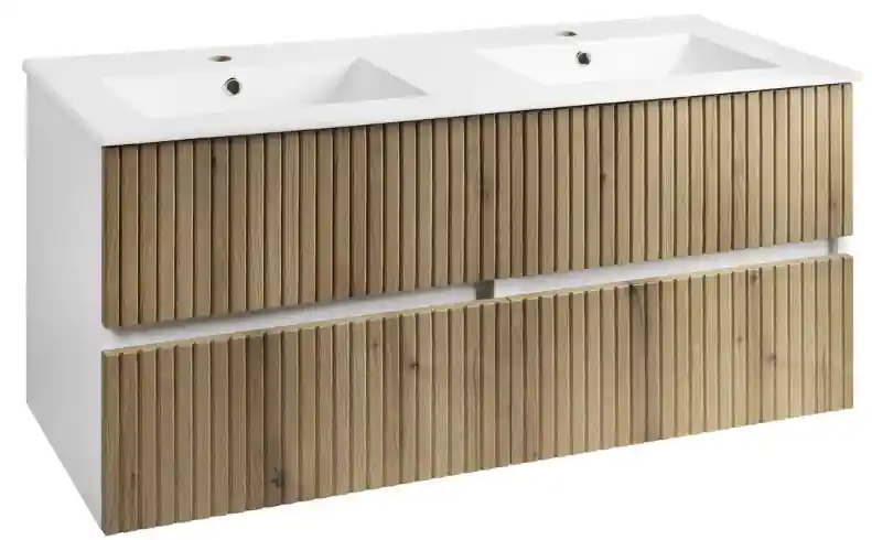 Azonnal elérhető Aqualine Paneda dupla mosdós mosdótartó szekrény, mosdó nélkül, 119 x 55 x 45,2 cm, Emporio tölgy