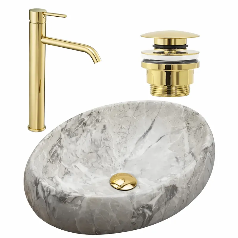Gyors kiszállítás készlet Pultos mosdó Linda stone + Fürdőszobai csaptelep Lungo gold + Dugó gold
