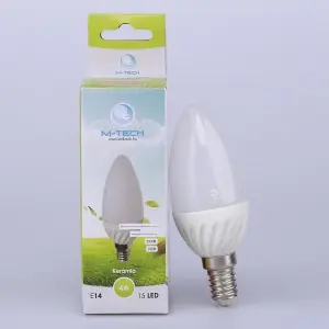 M-Tech E14 Candle 15 LED SMD 230V, 4W, 320Lm Hideg Fehér 6500K, aluminium 3036, MTL468 led izzóM-tech Kiárusítás