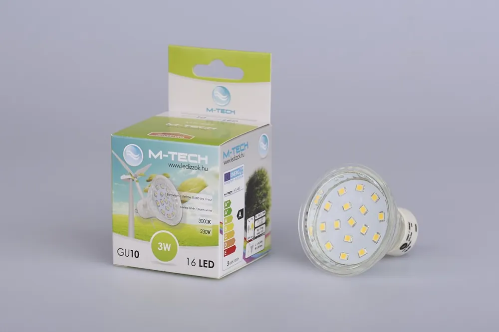 Végkiárusítás M-Tech GU10 Spot 16 LED SMD, 230V, 3W, 200Lm Meleg Fehér 3000K, 2835, MTL480 led izzóM-tech