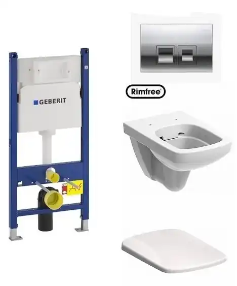Biztonságos fizetés Geberit Duofix Basic 111.153.00.1 szerelő elem kompletten króm nyomólappal, Selnova Square 500.275.01.1 perem nélküli wc-vel, normál ülőkévelGeberit