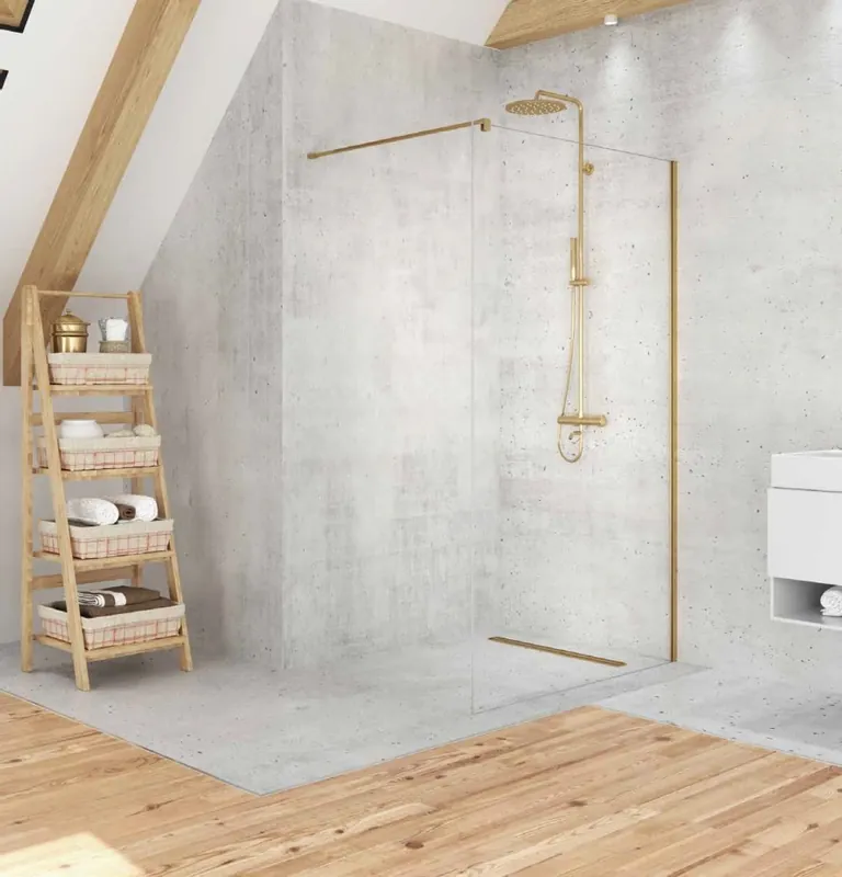 New Trendy Velio Satin gold Walk-in zuhanyfal arany színű profillal 90 cm D-0190BNew Trendy Olcsóbb
