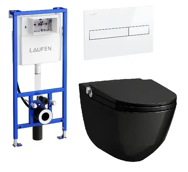 Szezonális akció Laufen Riva okos wc szett, fényes fekete wc csésze fehér nyomólappal SZP-LA10, (H8206910200001, H8946660000001, H8956610000001)Laufen